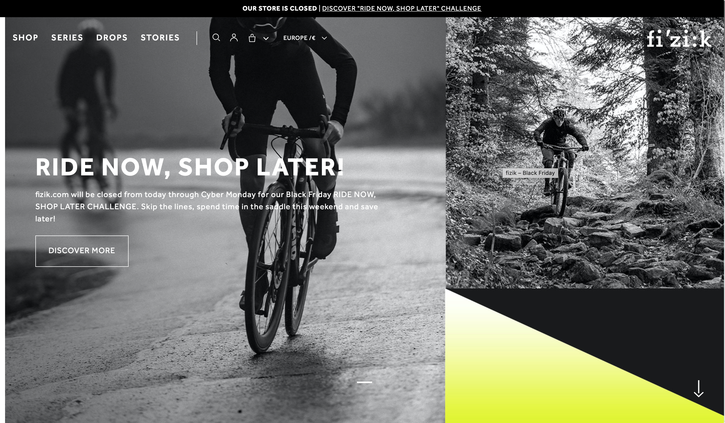 La componente visuale dell'homepage di Fizik prevista per la campagna Ride now, shop later